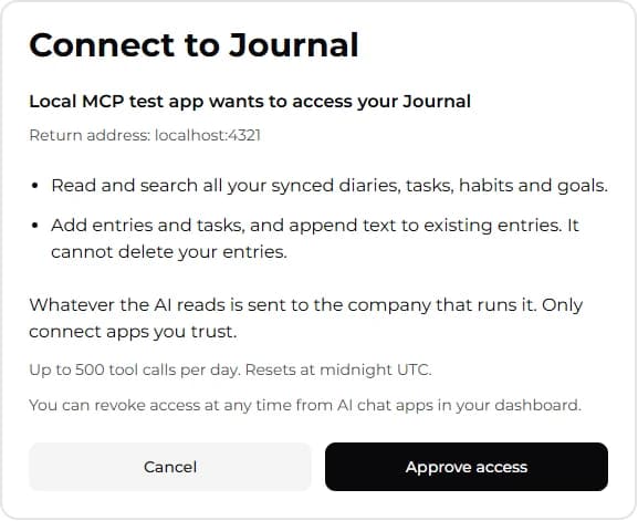 앱, 요청된 권한, 일일 한도, 접근 승인 버튼이 표시된 Journal 승인 화면.