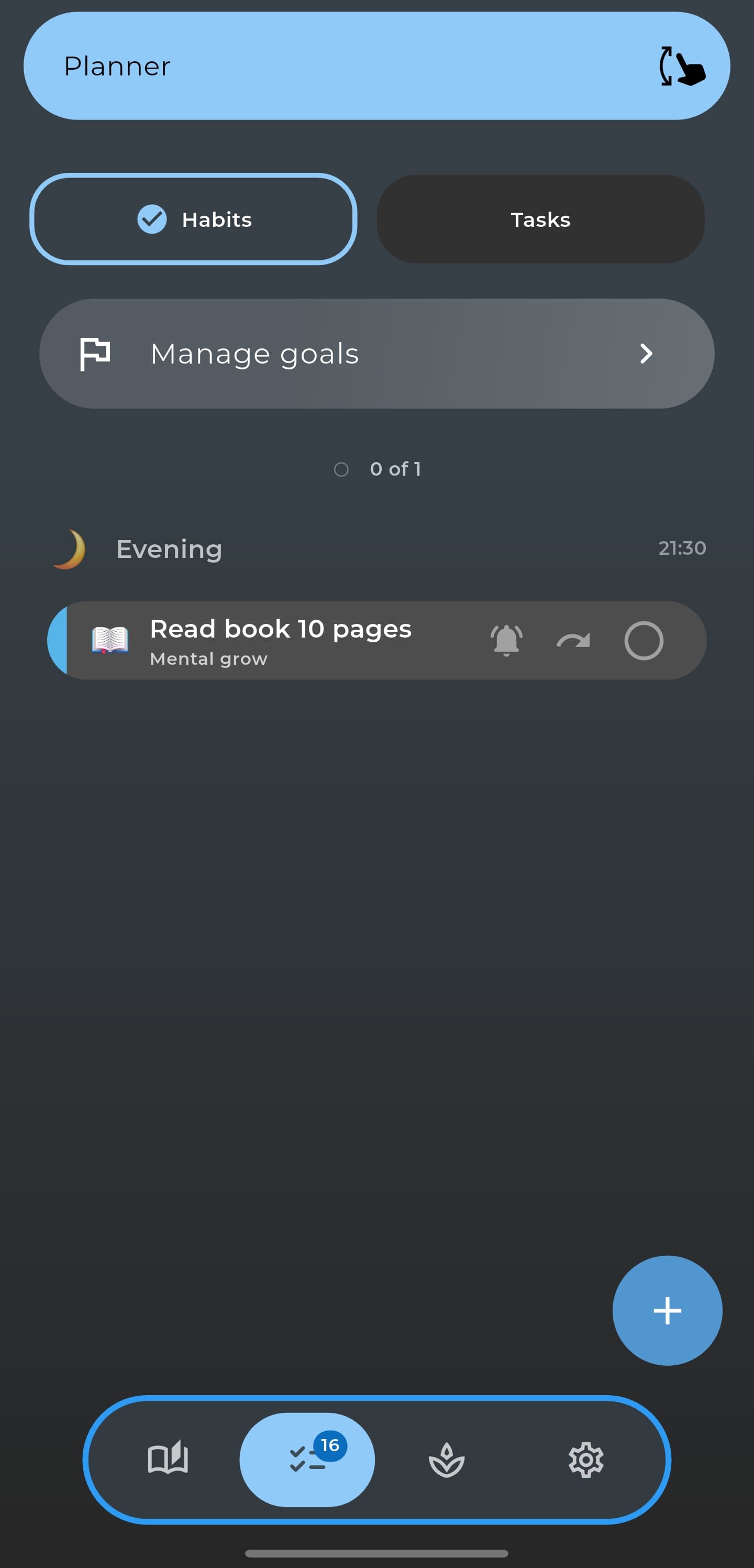 Planner's Habits view in the Inner Journal app, with an evening habit to read 10 pages